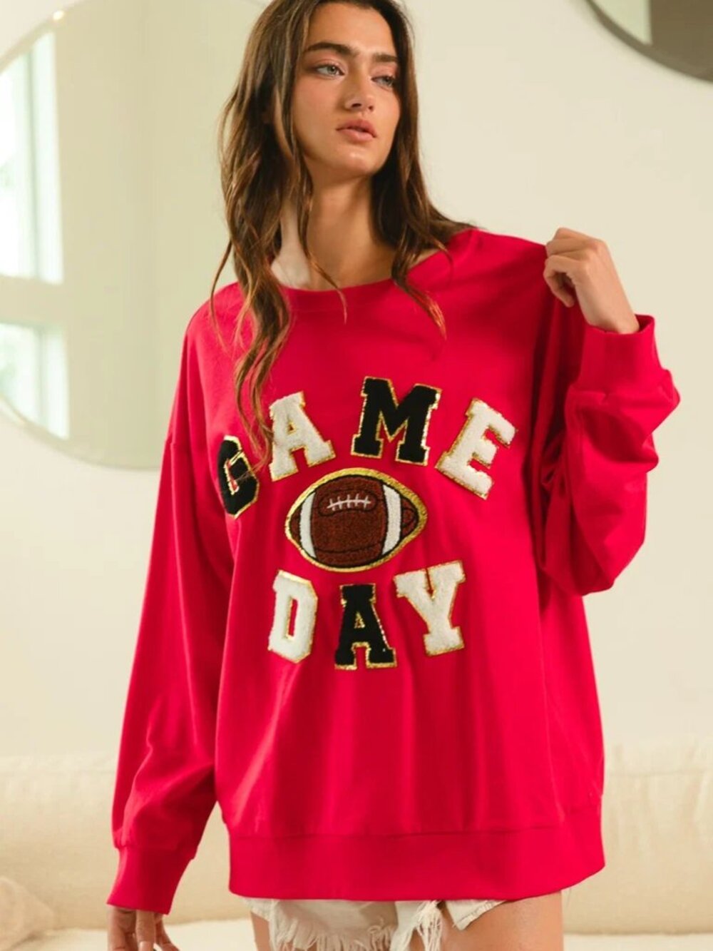 BiBi Game Day Varsity Letter Football Red Sweatshirt